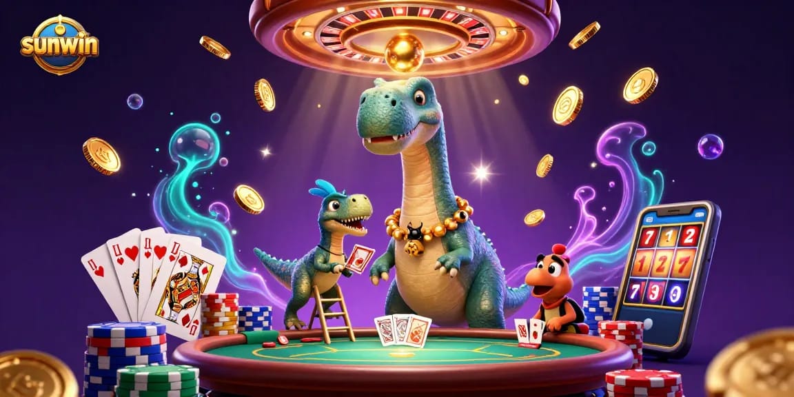 Engage in the thrilling world of sunwin as a cartoon brontosaurus towers over the poker table