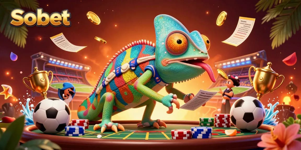 Sbobet offers thrilling sports betting with dynamic visuals of chameleons and playful characters.