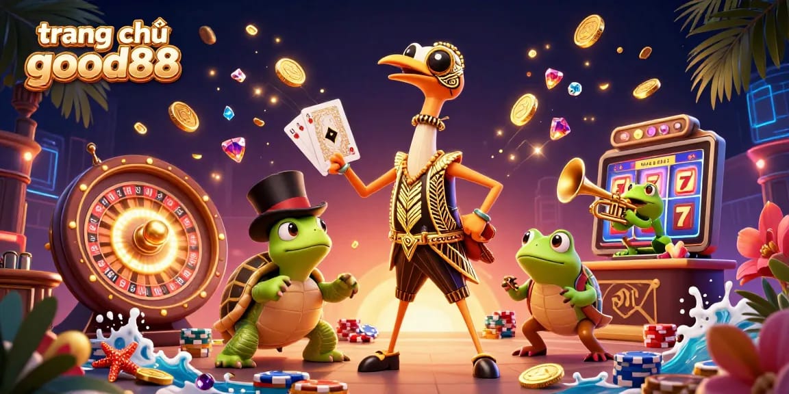 Engage with the dynamic world of trang chủ good88 featuring cartoon characters amidst gambling elements