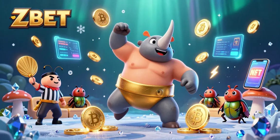 ZBET users achieve winning moments in a vibrant, cartoonish crypto casino scene with glowing coins.