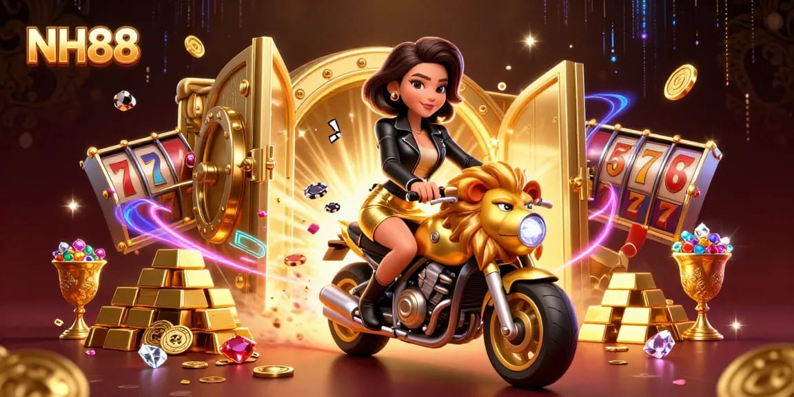 Experience the excitement at NH88 casino showcasing a glamorous woman on a golden lion amidst vibrant gambling elements.