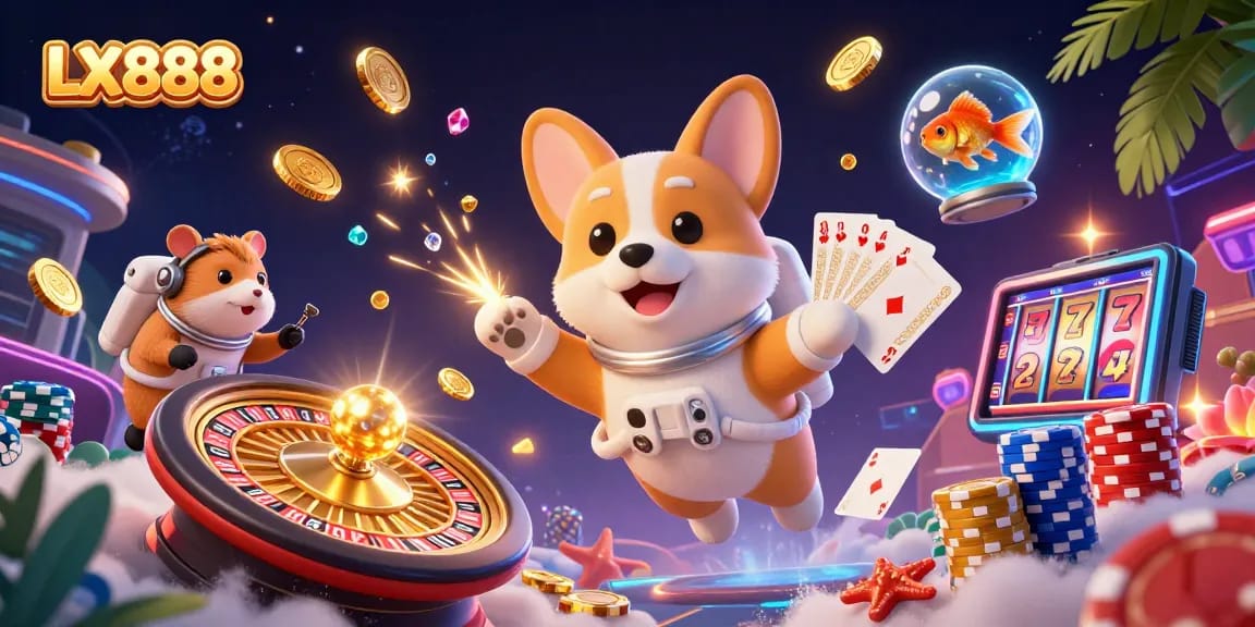 Win big at LX888 with a vibrant casino scene featuring a cosmic corgi, chips, and roulette!