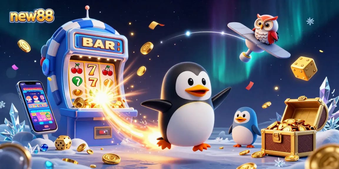 Experience excitement at new88 with vibrant 3D casino illustration featuring golden coins and joyous characters.