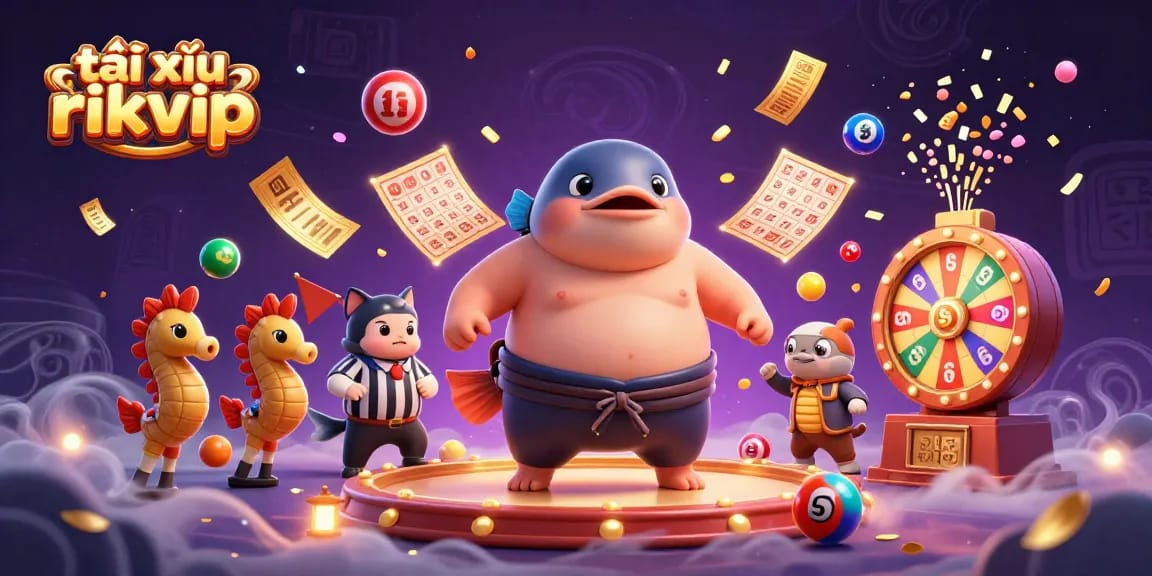 Engage with the dynamic tài xỉu rikvip underwater scene with a puffed fugu, catfish referee, and vibrant game elements.