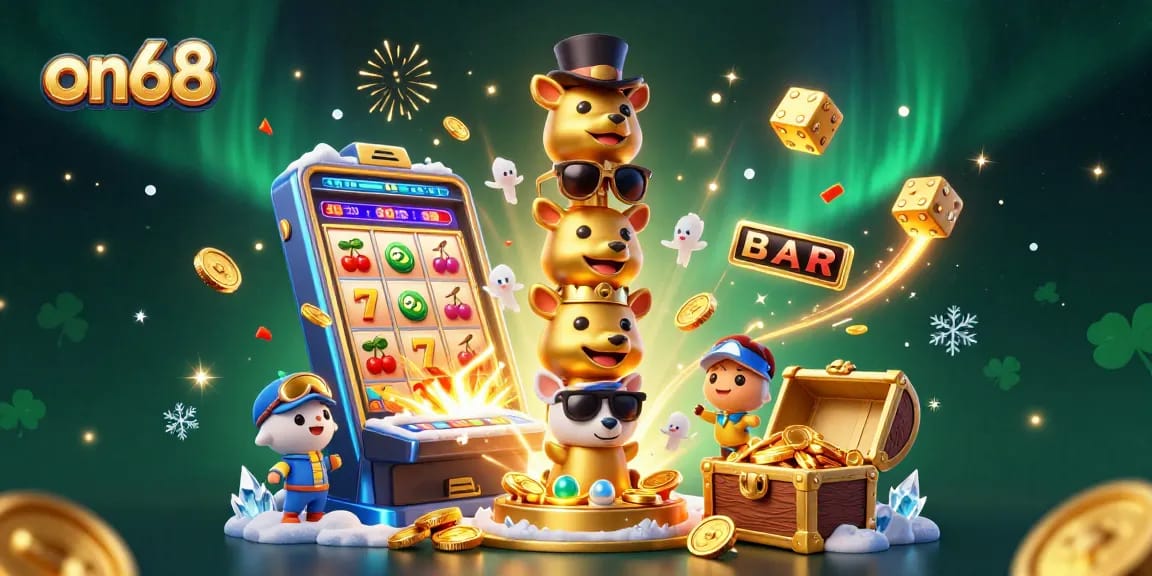 Experience thrilling gameplay with on68's colorful 3D casino elements bursting with jackpots and excitement.