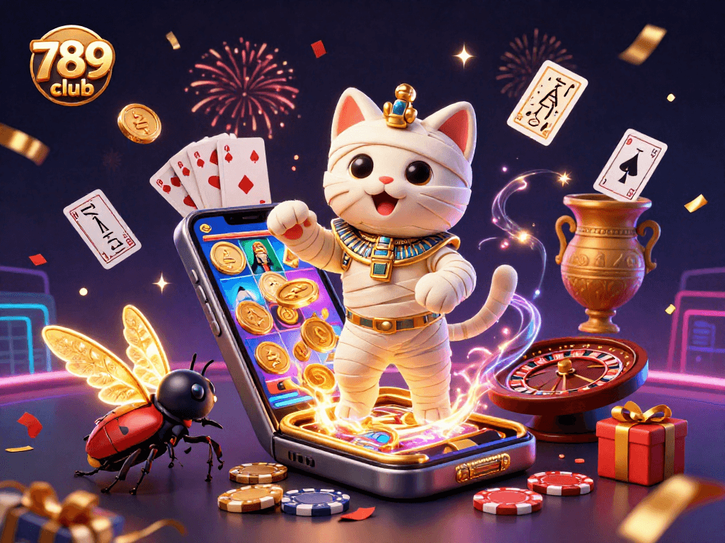 Join the fun at 789 club as the 3D mummy cat and friends celebrate with exciting casino games and vibrant visuals.
