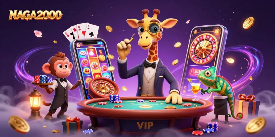 NAGA2000 menampilkan adegan 3D yang hidup dengan jerapah dan monyet di meja poker, dengan elemen kasino yang dinamis.