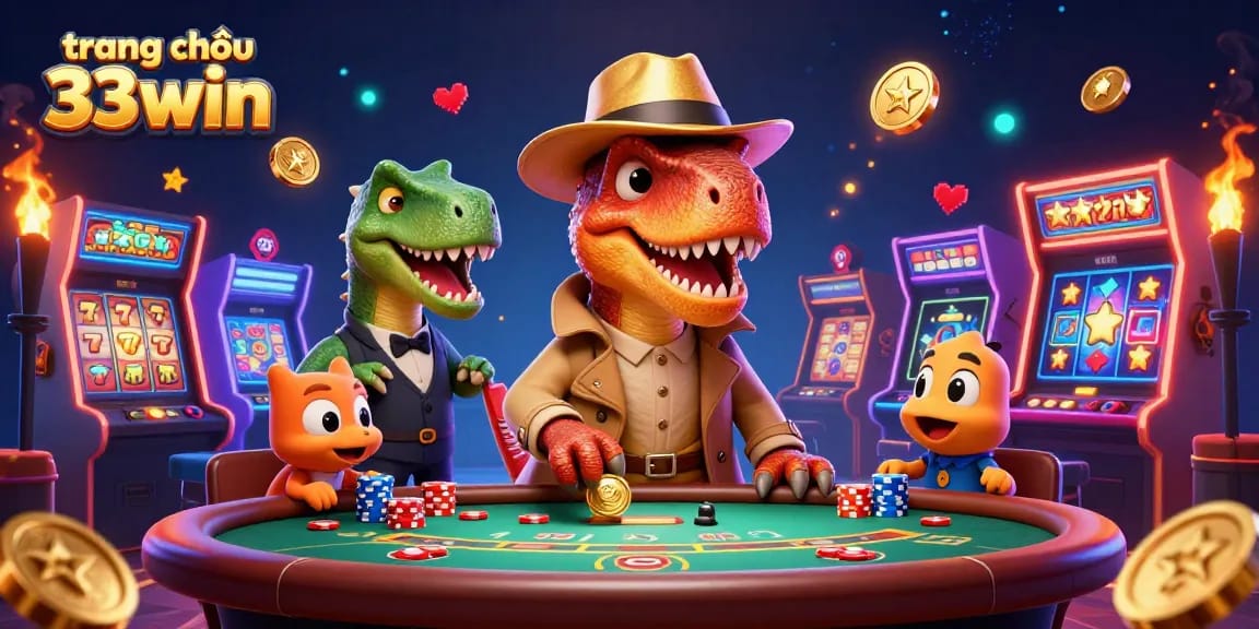 Experience the action at trang chủ 33win where a velociraptor card counter interacts with a stegosaurus boss and a compy pickpocket in a vibrant casino scene.