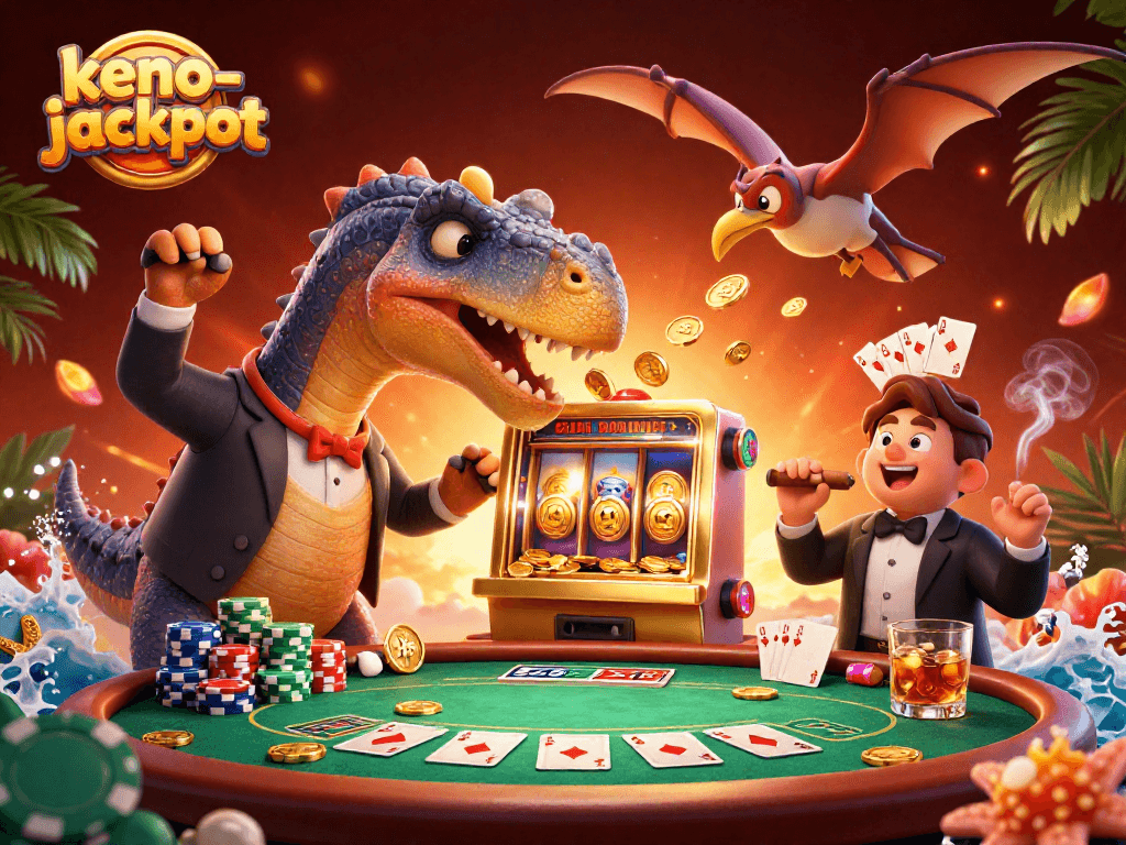 Experience keno-jackpot excitement with a cartoon dinosaur winning coins from a slot machine.