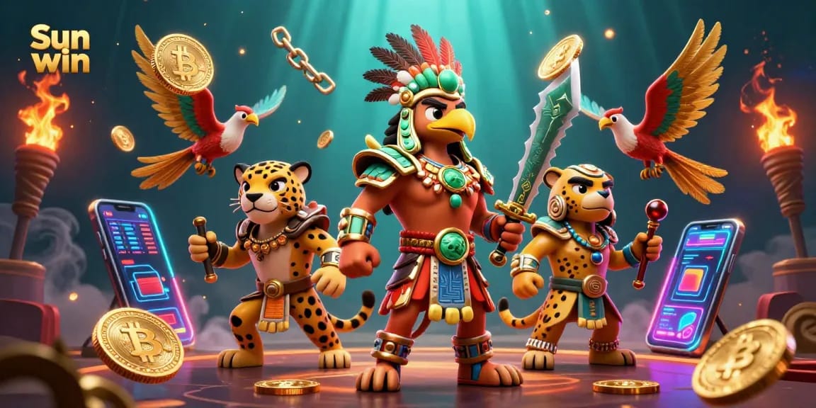 Engage with the Sun win casino adventure featuring warrior characters among vibrant crypto elements and dynamic gaming graphics.