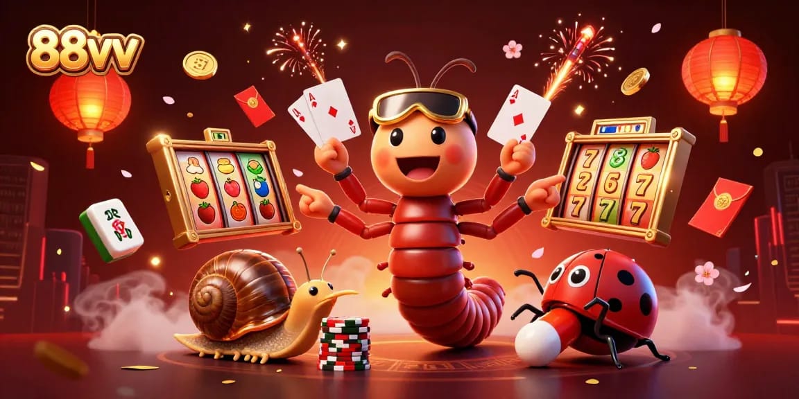 Experience dynamic gaming with 88vv in this vibrant 3D illustration featuring unique casino elements.