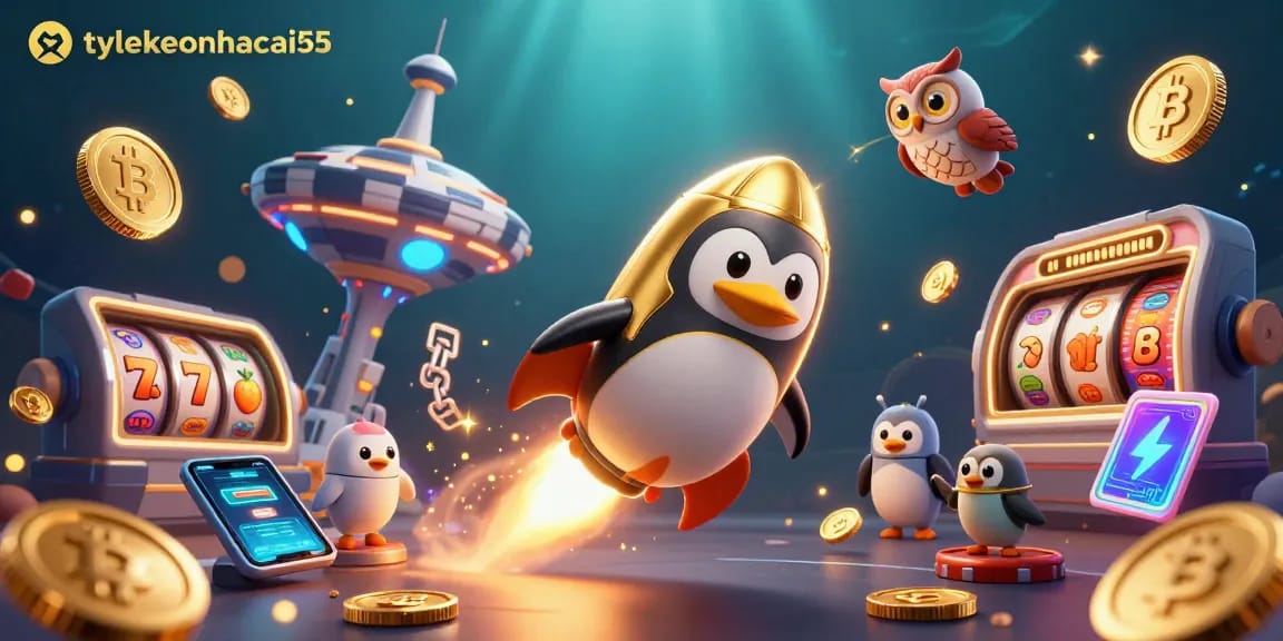 Engage with tylekeonhacai55 as a golden penguin soars towards a poker chip casino station.