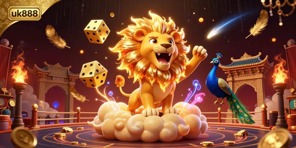 Join the excitement at uk888 with a vibrant 3D casino scene featuring a roaring lion and dazzling game elements.