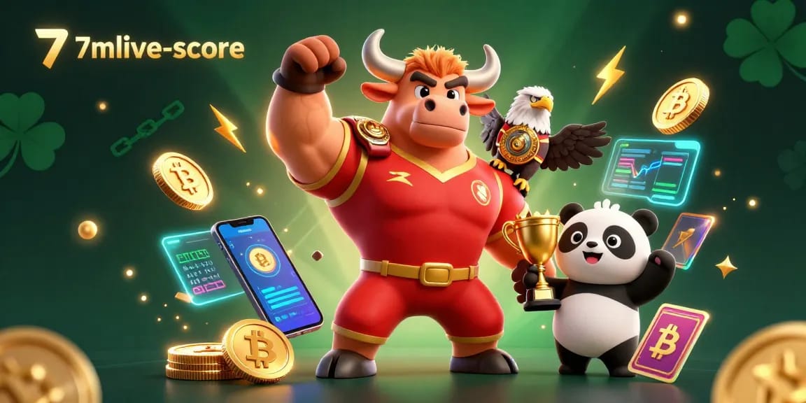 Celebrate wins with 7mlive-score in this energetic casino scene featuring unique characters and crypto elements.