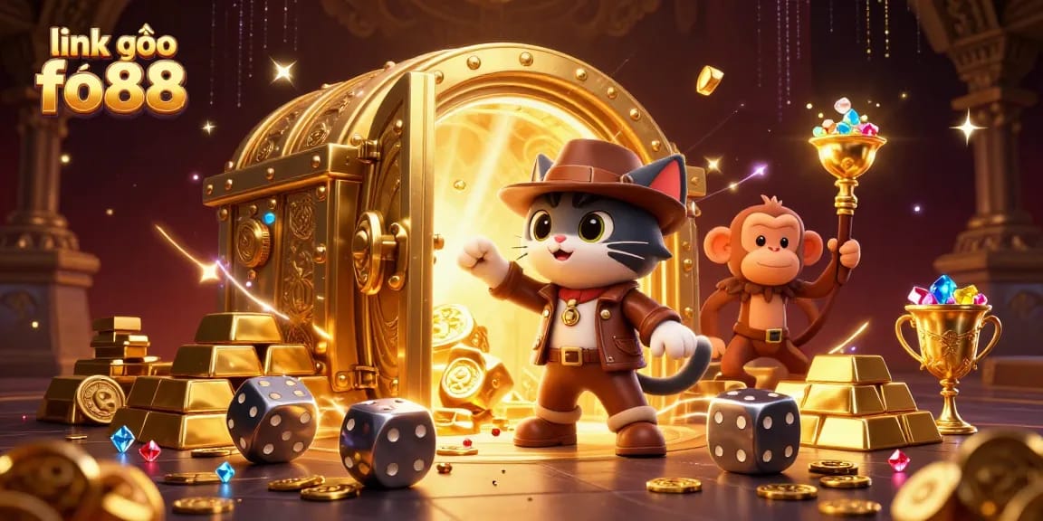 Experience thrilling gameplay with link vào fo88, highlighted by vibrant treasures and casino elements.