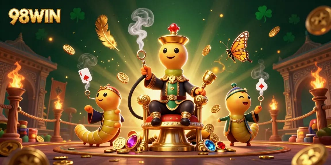 Engage and win at 98WIN with vibrant 3D casino imagery showcasing poker cards and golden coins.