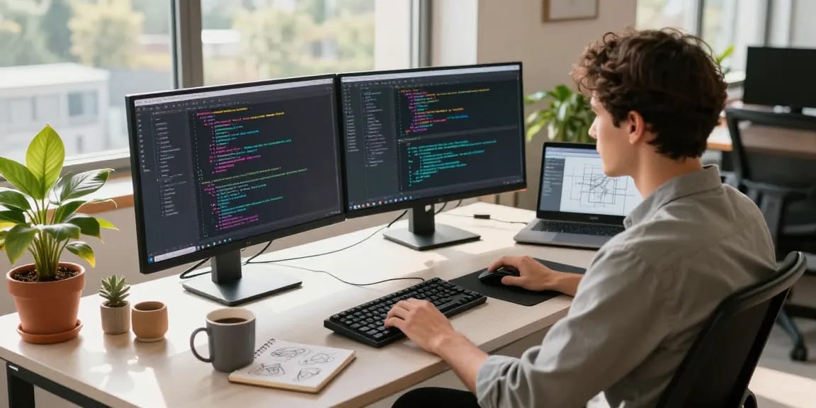 Innovative tech workspace with a developer coding on dual monitors, showcasing hot ai tools in action