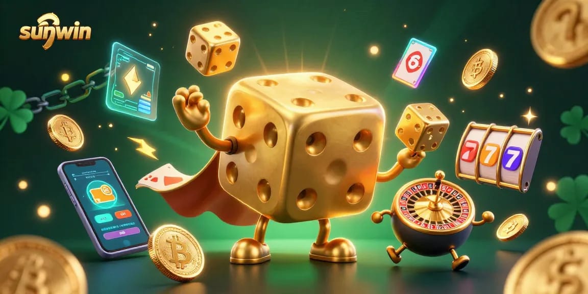 Experience winning excitement with sunwin, featuring golden dice and crypto elements in a vibrant casino scene.