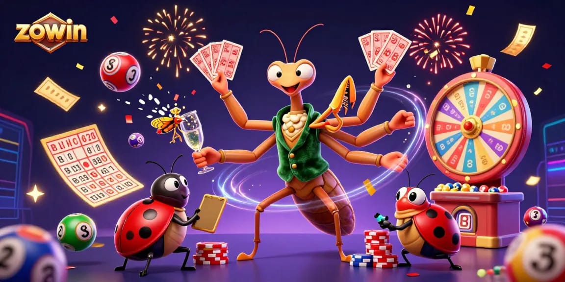 Zowin celebrates with a vibrant lottery scene featuring lively characters and assorted game elements.