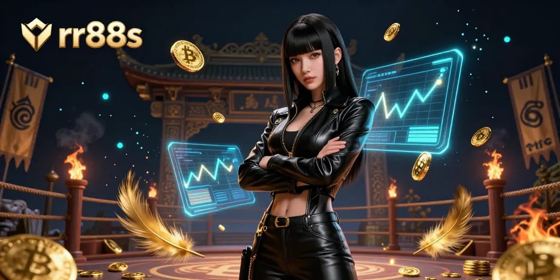 Experience thrilling gameplay at rr88s with a stunning Asian woman and vibrant Bitcoin holograms.