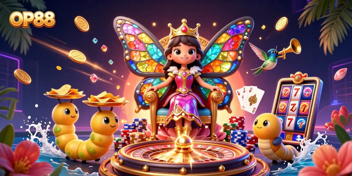 Experience captivating wins at OP88 with vibrant casino elements and a dazzling butterfly queen!