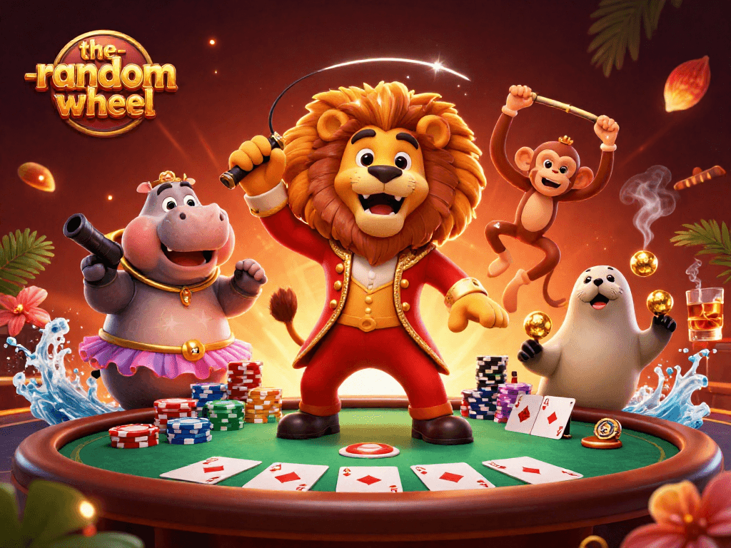 The-random-wheel showcases a vibrant scene with cartoon characters at a lively poker table, creating excitement for players.