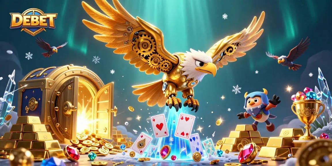 Engage in the thrill of DEBET gaming amidst cascading holographic cards and golden treasures.