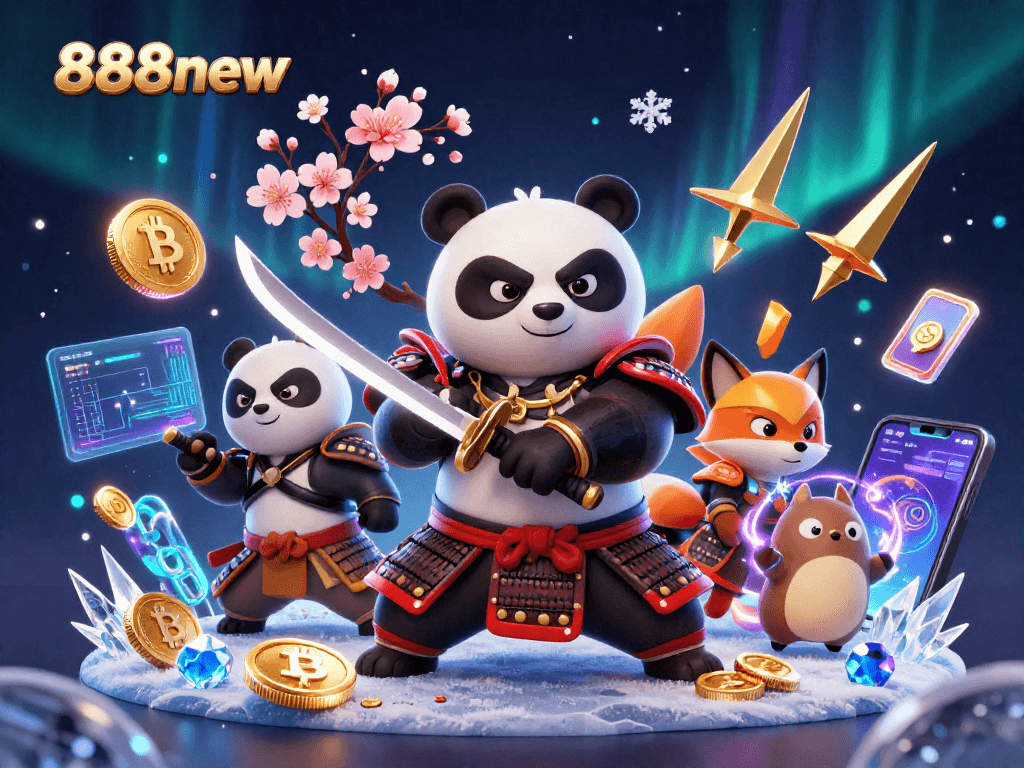 Experience thrilling gameplay with 888new as a fierce samurai panda draws his katana amidst Ethereum and Bitcoin treasures.