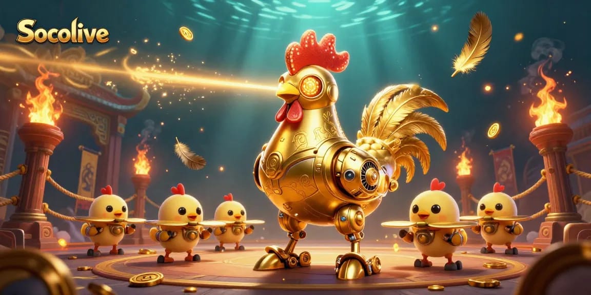 Socolive showcases a vibrant illustration of a golden rooster robot engaging in exhilarating betting activities, surrounded by dynamic casino elements.