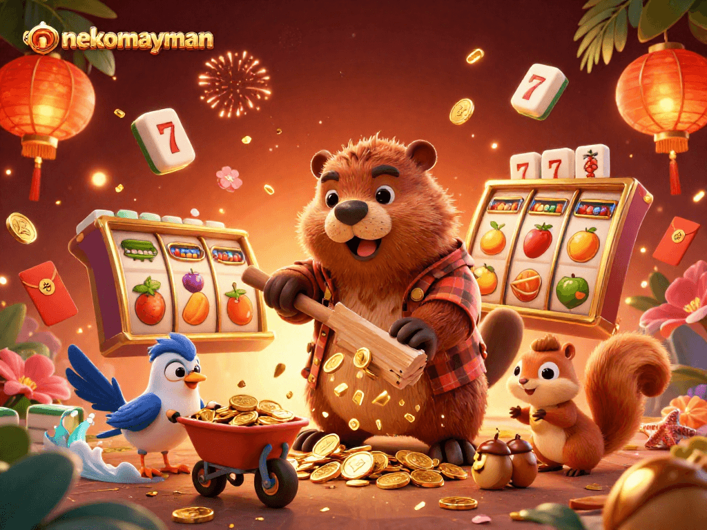 Experience nekomayman with lively characters surrounded by spinning slot reels and vibrant golden elements.