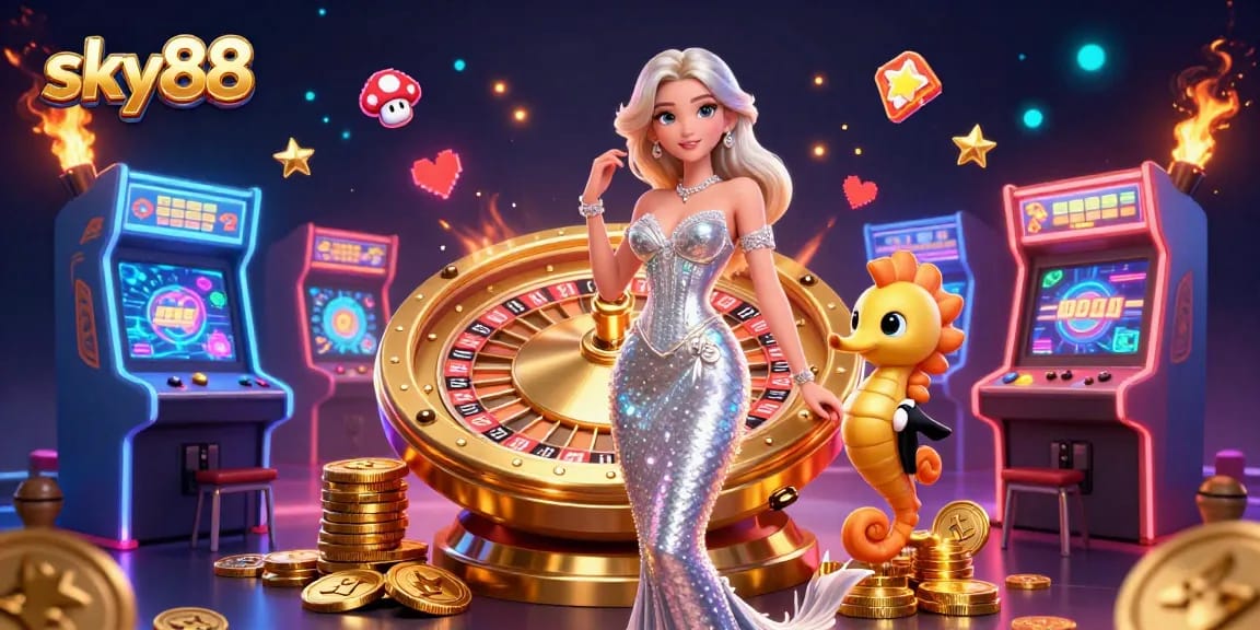 Experience thrilling gameplay at sky88 with a glamorous mermaid by a golden roulette wheel