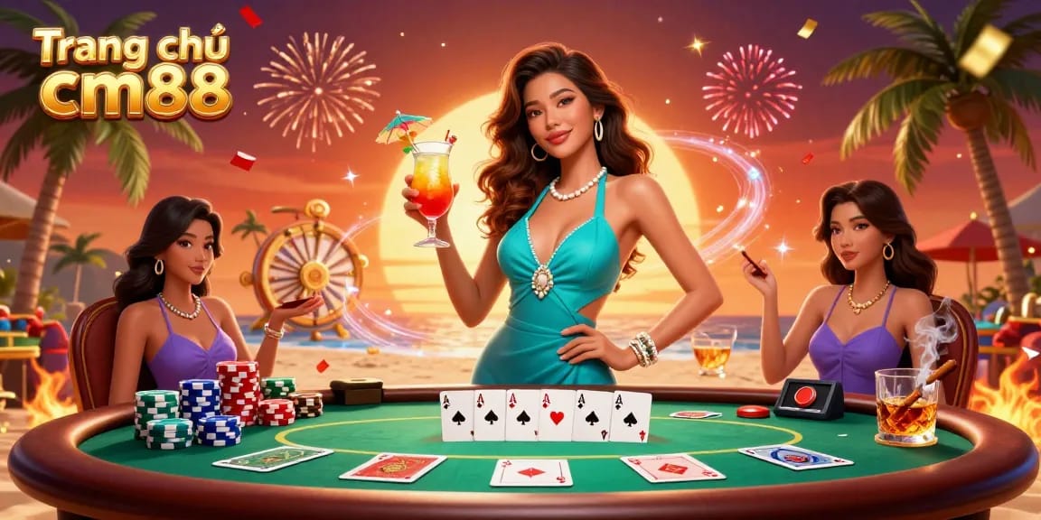 Engage with Trang chủ cm88 while enjoying a vibrant casino scene with poker elements and celebratory visuals.