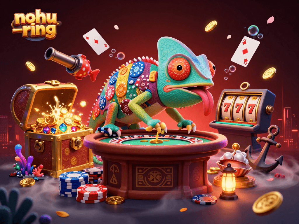 Nohu-ring game scene with a colorful chameleon casino owner amidst treasures and slot elements