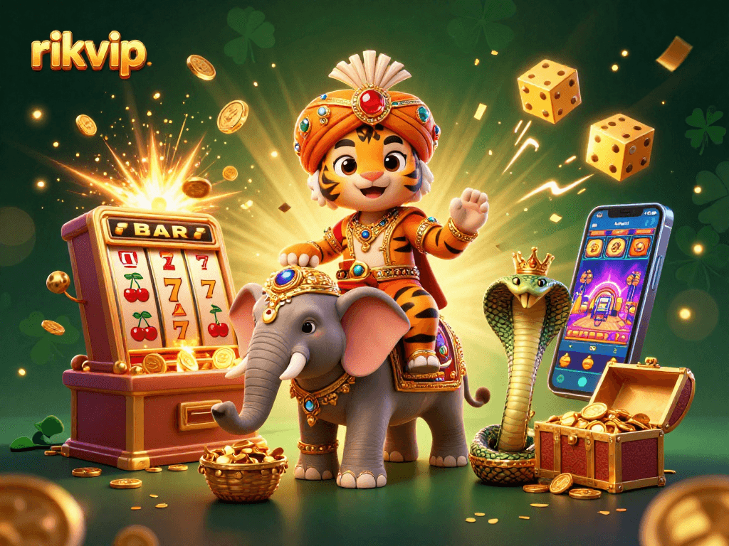 Engage with rikvip's vibrant casino scene featuring a maharaja and jackpot elements.