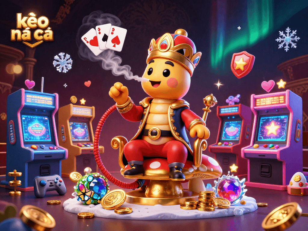 Capture the excitement of kèo nhà cái with whimsical characters and vibrant gaming elements in a rich casino-themed illustration.