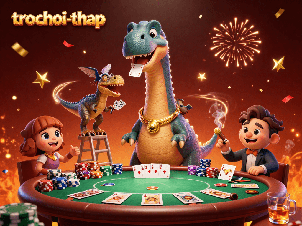 Engage with trochoi-thap thrilling poker action featuring a dinosaur and raptor dealer under vibrant confetti.