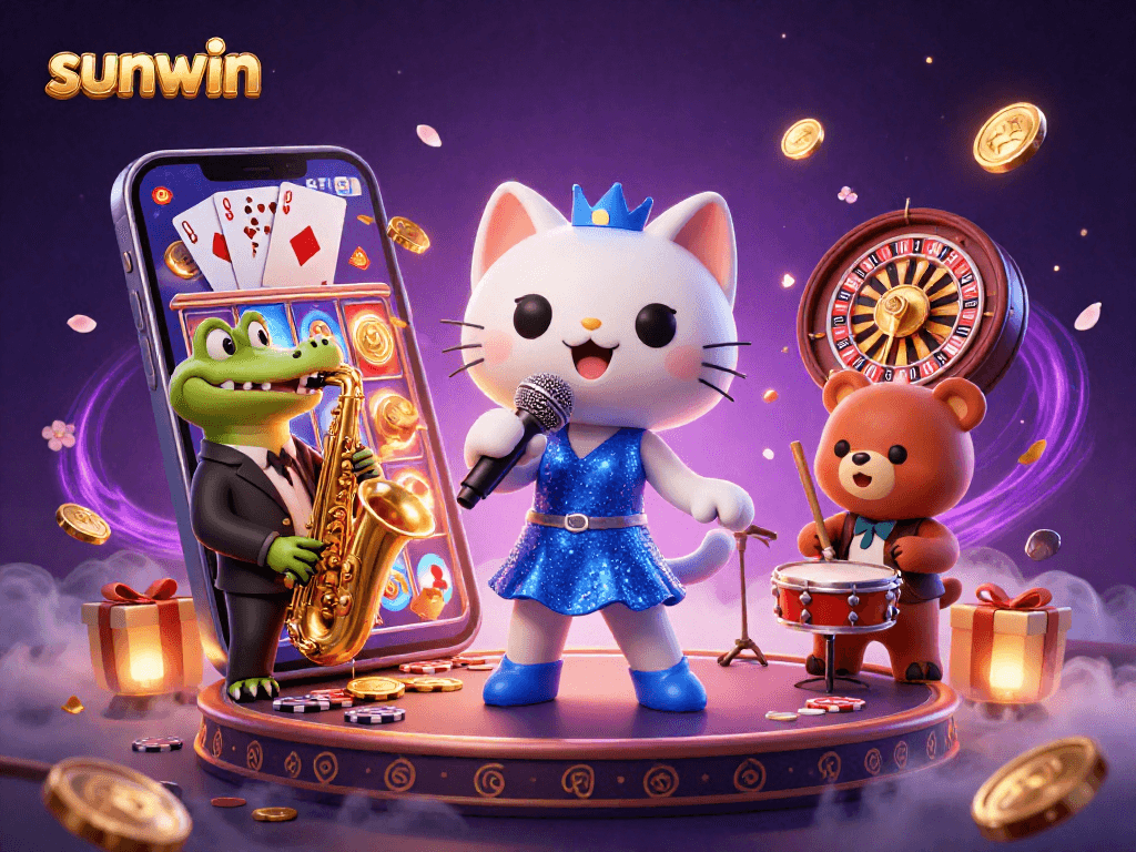 Sunwin casino scene with a singing cat, saxophone crocodile, and drum bear amidst vibrant gaming elements.