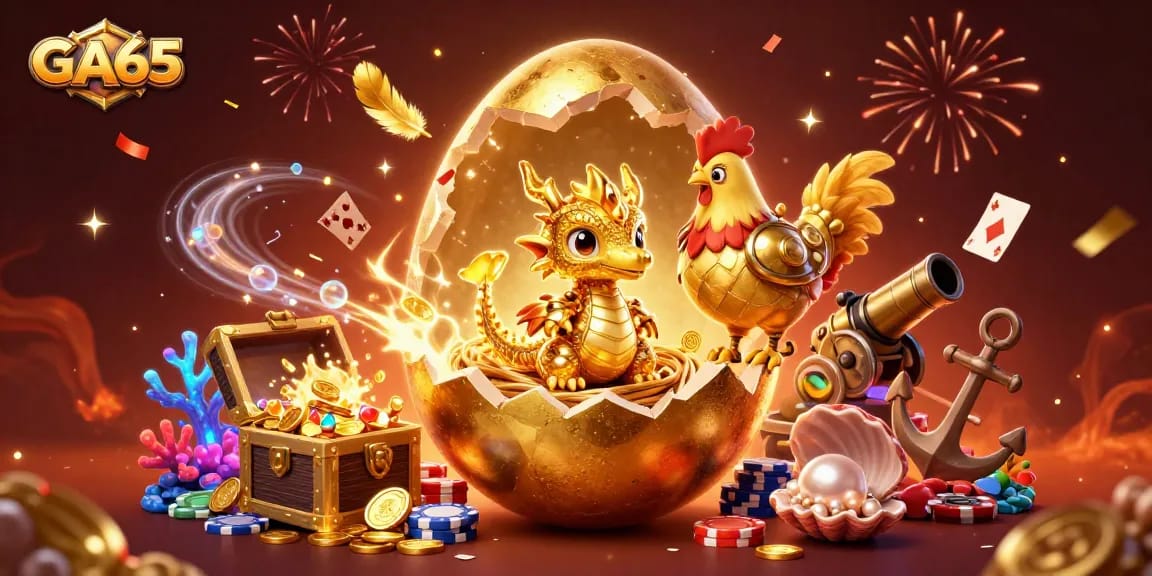 Bet on the excitement at GA65 as a golden dragon hatches from a poker chip nest amidst vibrant casino elements.