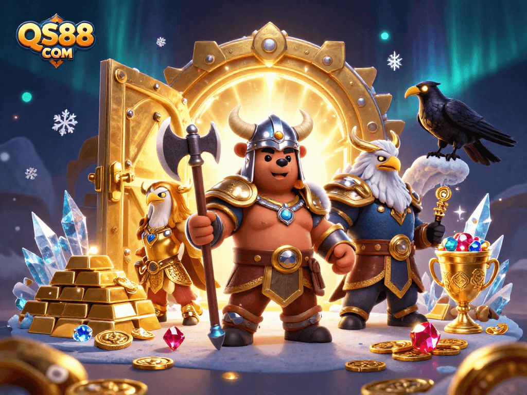 Engage in thrilling casino action with QS88 COM, showcasing dynamic characters and rich treasure elements
