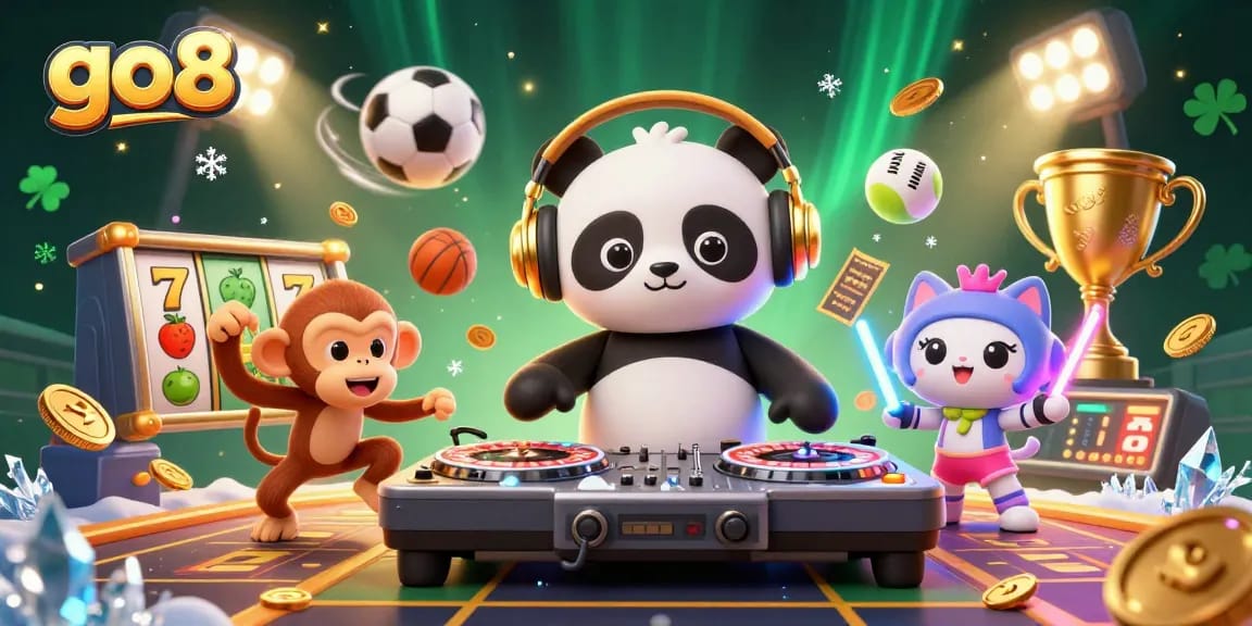 Experience thrilling gameplay at go8 with vivid characters and slot elements in a dynamic casino scene.