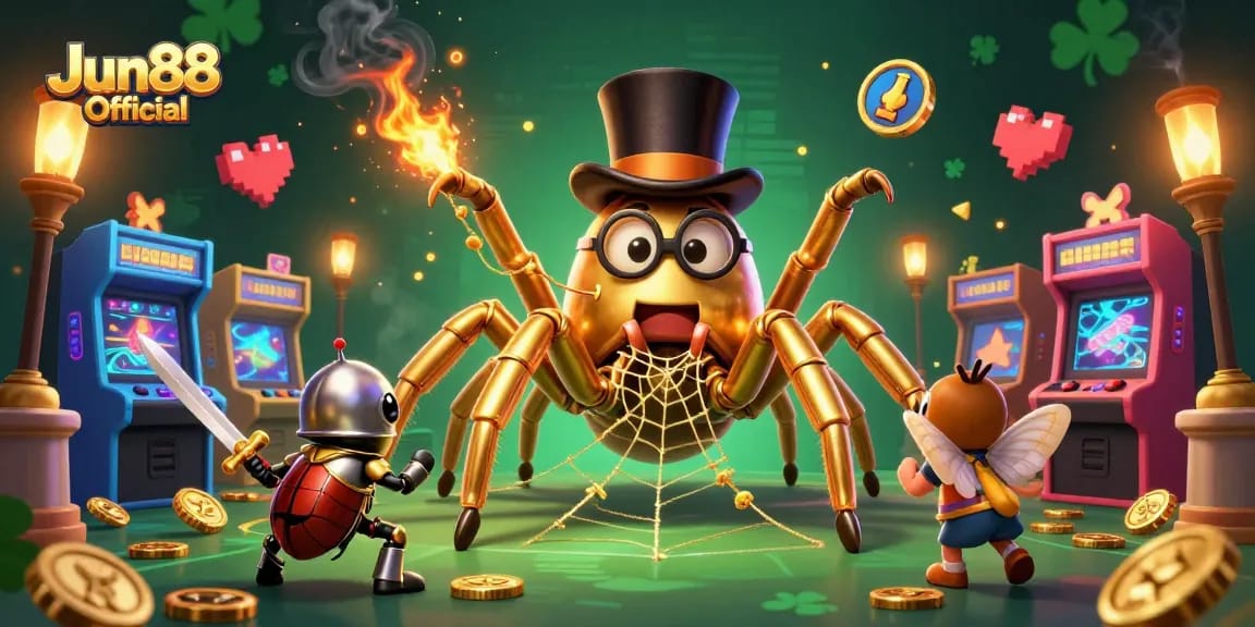 Engage with Jun88 Official in a dynamic casino scene featuring thrilling arcade games and a brave beetle knight.