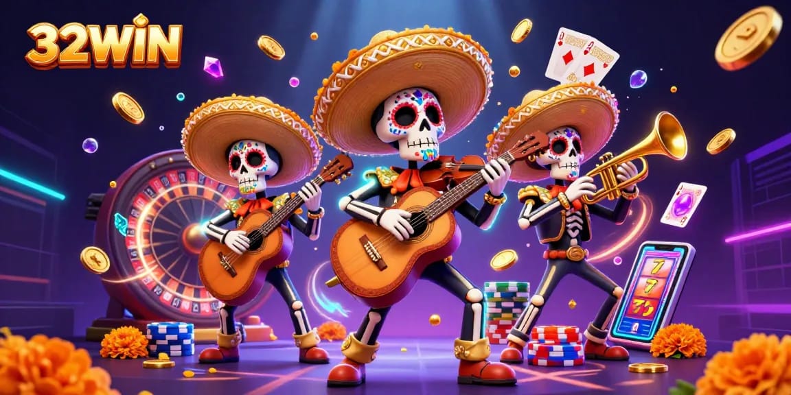 Experience vibrant gaming with 32WIN’s lively mariachi scene featuring classic casino elements.