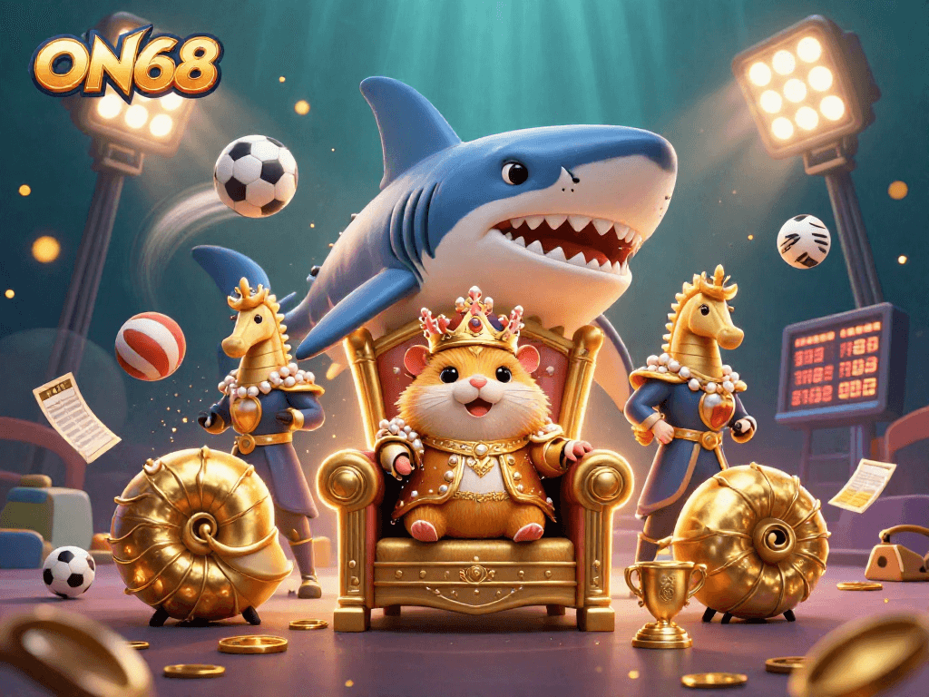 Experience winning with ON68: Join the golden hamster king in a vibrant casino scene.