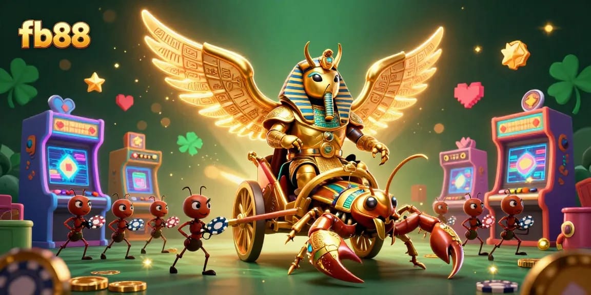 Engage in thrilling action with fb88 as a golden scarab beetle leads a dynamic chariot scene filled with gaming elements.