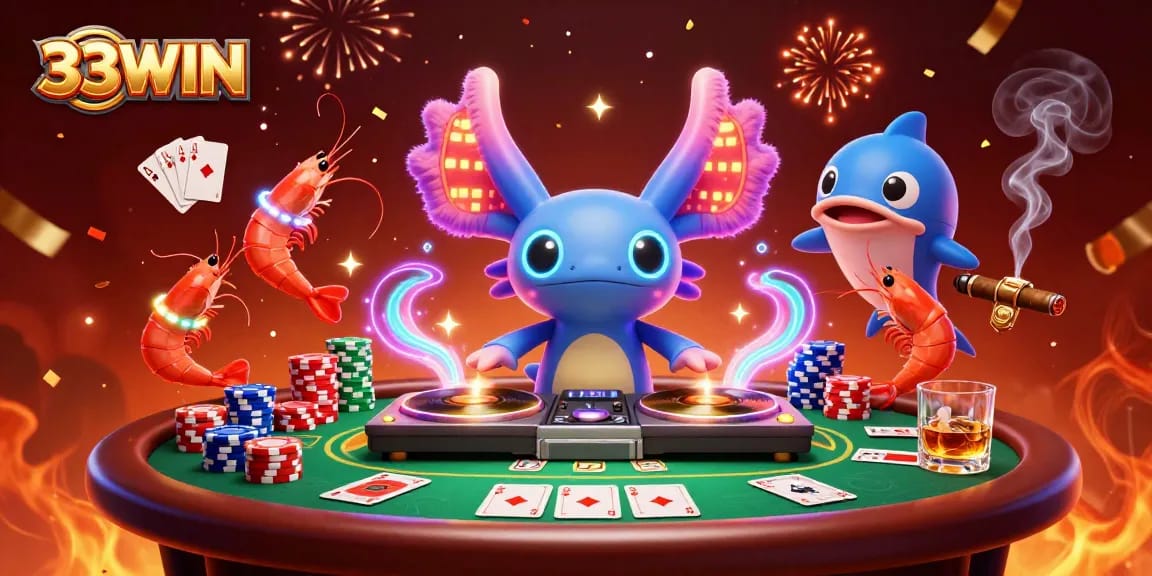 Experience 33WIN's vibrant casino scene with a lively axolotl DJ and dynamic poker action.