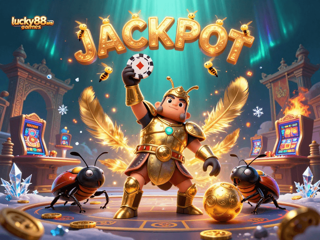 Experience thrilling wins with lucky88games as the hercules beetle lifts a victory poker chip amidst vibrant casino elements.