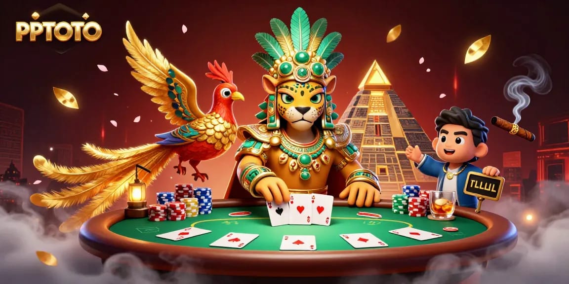 Pengalaman bermain PPTOTO yang menampilkan seorang imam jaguar Maya dan elemen poker yang cerah yang mempromosikan permainan yang mengasyikkan.