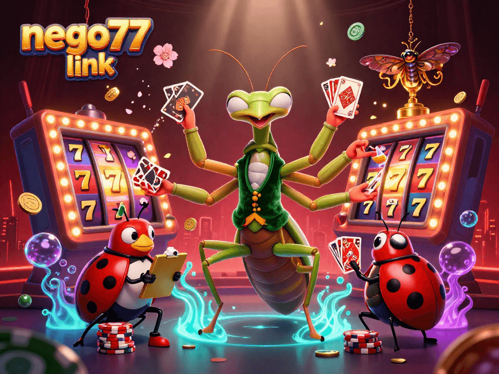 Engage with the energetic world of nego77 link, featuring a lively mantis card sharp, ladybug pit boss, and vibrant gaming elements.