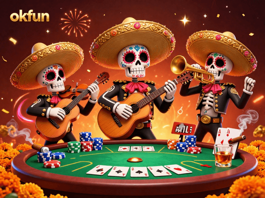 Engage in thrilling poker with okfun's vibrant mariachi team amid colorful casino elements.