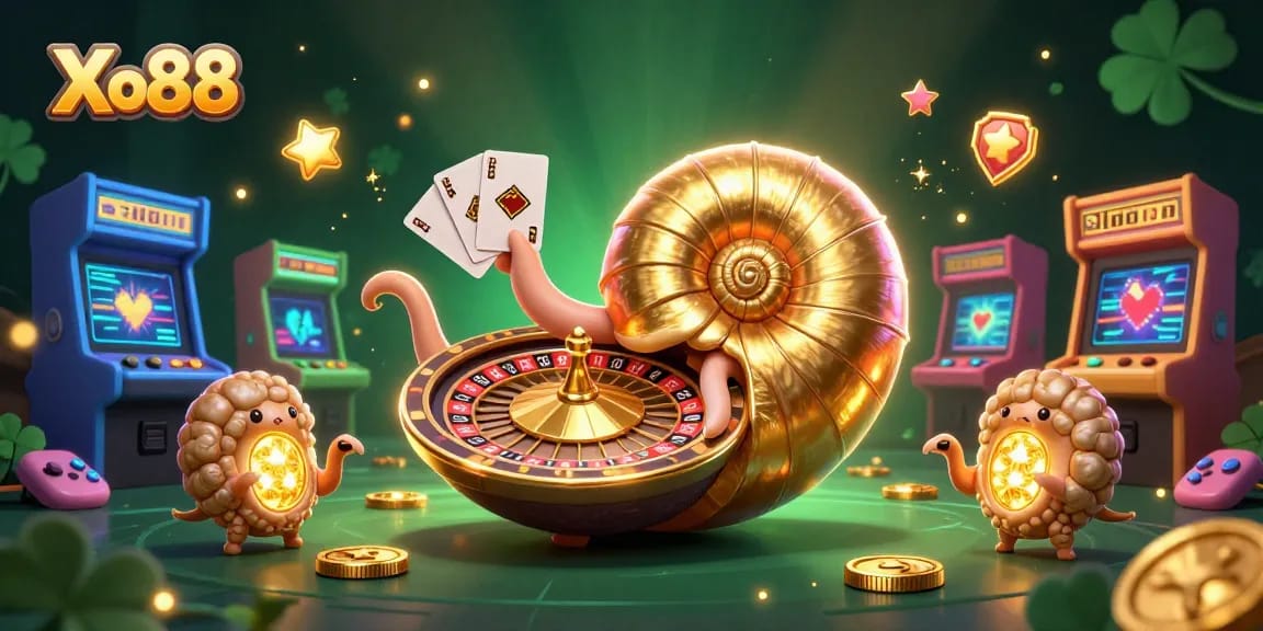 Xo88 spins the excitement with a 3D nautilus roulette wheel amidst vibrant gaming elements.